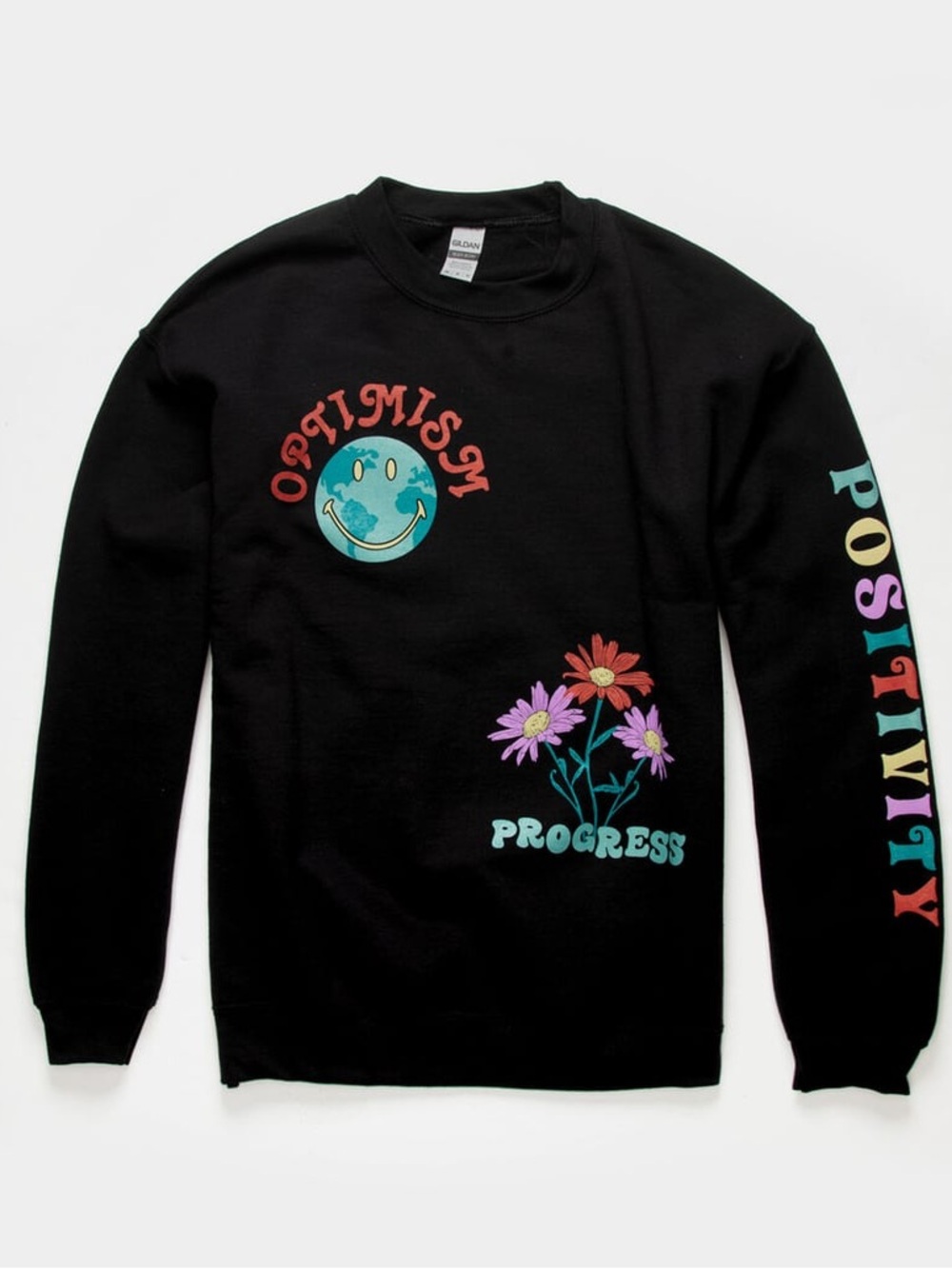 RSQ Black Crewneck Sweatshirt with Multicolor Floral & Positive Graphics